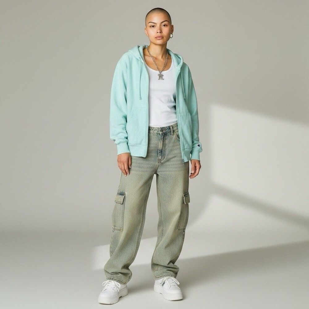 Y2K Unisex S Champion Reverse Weave Hoodie Boxy Cropped Pastel Mint Green Skater